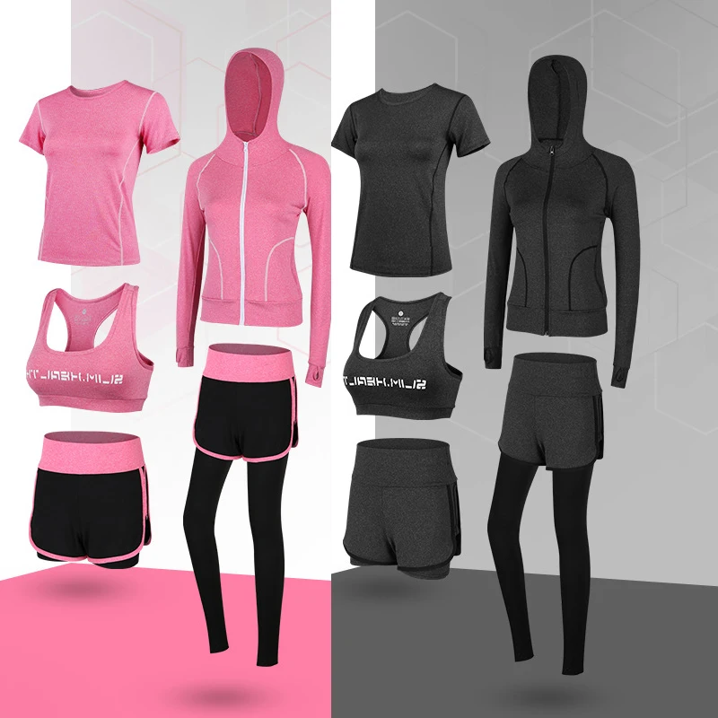 

Комплект Спортивный женский из 5 предметов, кофта + бюстгальтер + футболка + шорты + леггинсы, с футболкой для йоги, бега и упражнений, весна-ле...