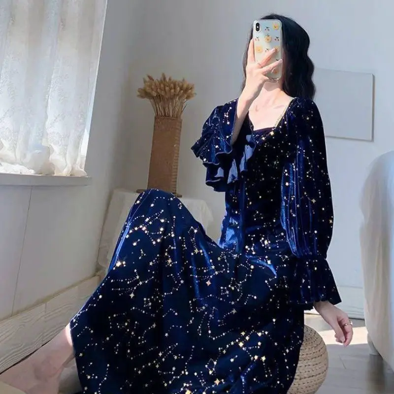 

Starry Sky Lace Stitching Dress Women Winter Vestido High Quality Dress Autumn New Palace Retro Gold Velvet Blue