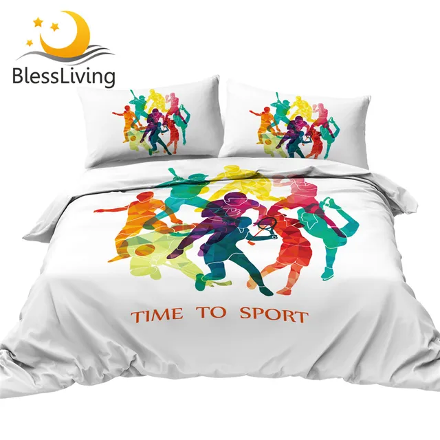 BlessLiving Time to Sport Bed Set Colorful Duvet Cover Football Basketball Bedding Set for Teen Hockey Box Golf Tennis Bedspread 1