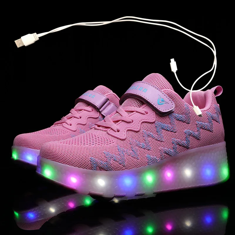 

Children One Two Wheels Luminous Glowing Sneakers Gold Pink Led Light Roller Skate Shoes Kids Led Shoes Boys Girls USB Charging