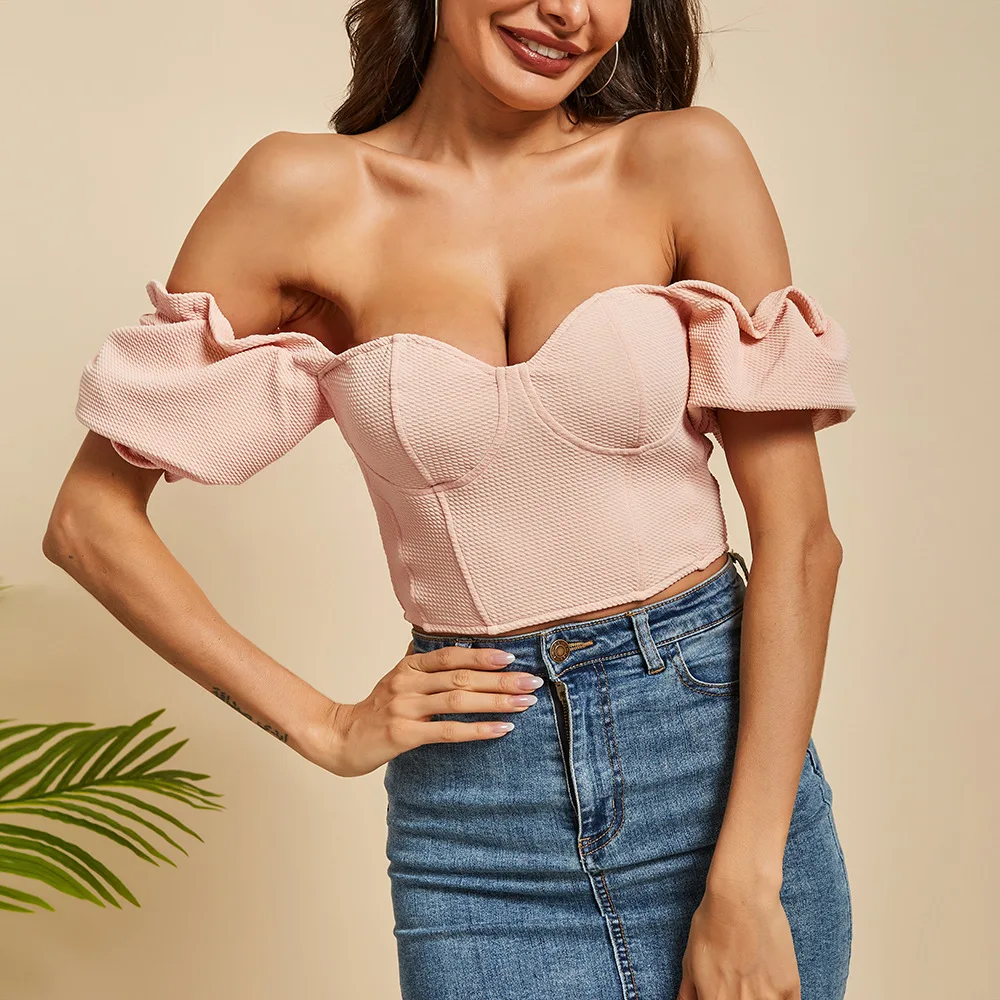 

Pink Solid Color Retro Vintage Women Blouses Party Club Puff Sleeve Slim High Waist Short Shirt 2021 New Blusas Femme Tops