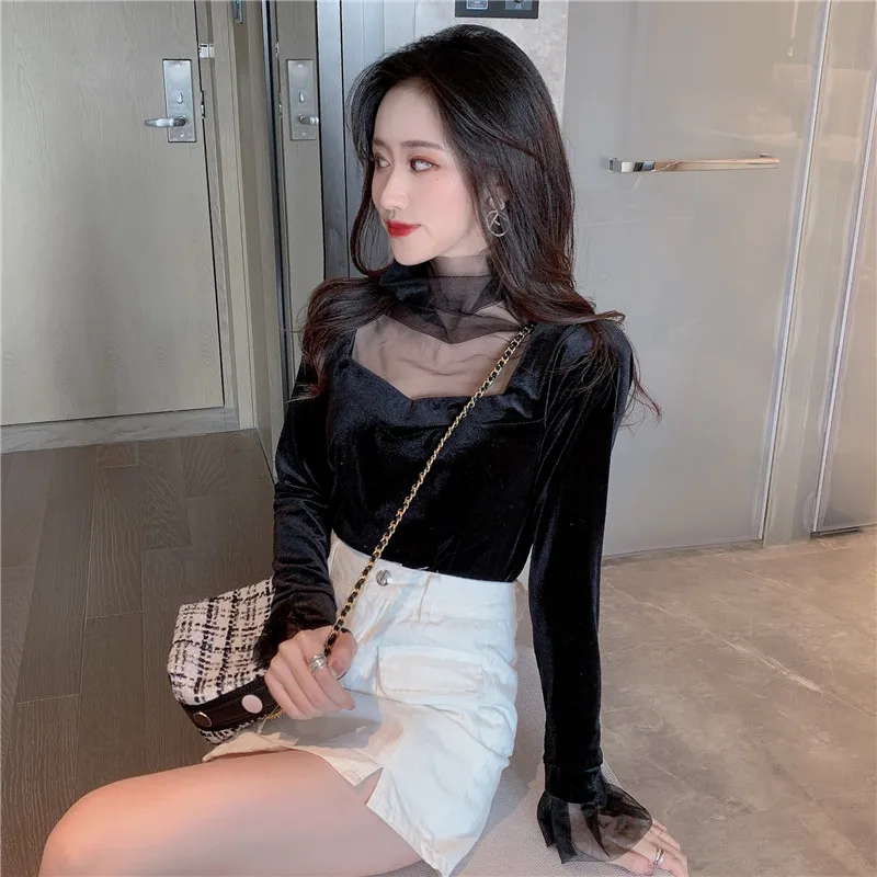 Однотонная кружевная женская шифоновая рубашка с воротником шикарная милая