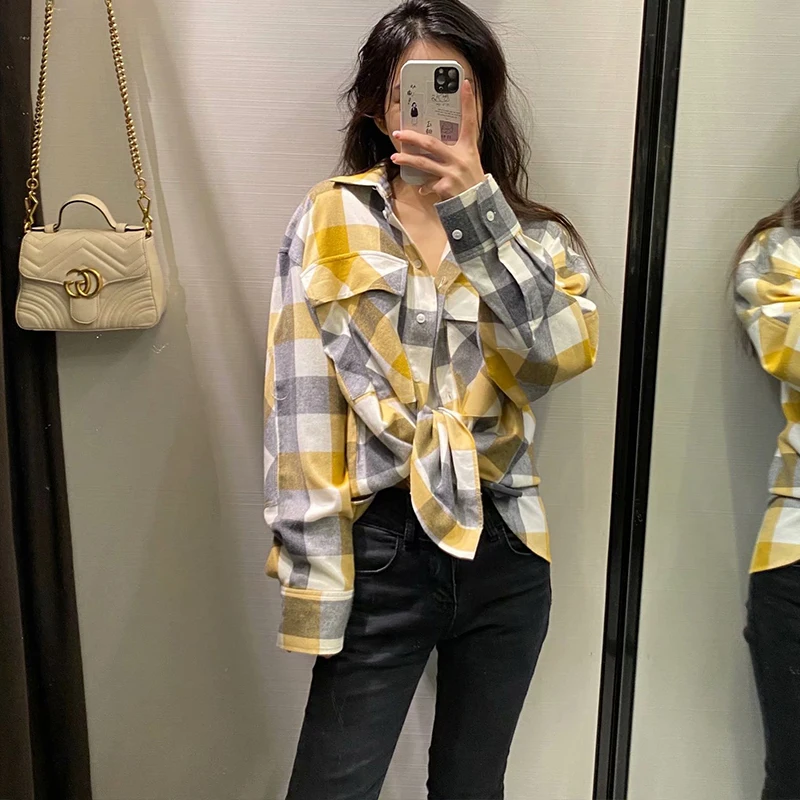 

ZA 2020 New Fashion Women lattice shirt Turn-down Collar Blouses Long Sleeve Single breasted Chiffon Shirt Casual Loose Tops