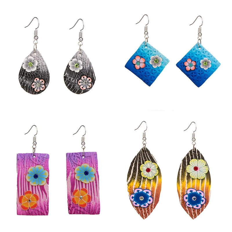 

Bohemian Flower Earrings For Women Girl Polymer Clay Colorful Tear Drop Shape Earring Fashion Jewelry