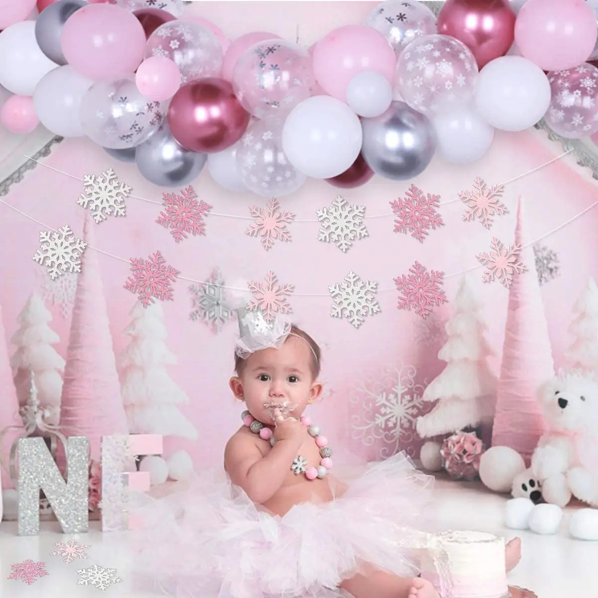 Suministros de fiesta de primer cumplea&ntilde;os con tem&aacute;tica de Frozen rosa, Kit de arco de guirnalda de globos, guirnalda de copo de nieve para ni&ntilde;a, decoraciones para fiesta de Baby Shower-2