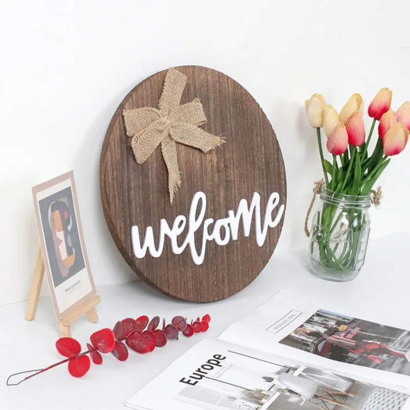 Welcome Wreaths Front Door Sign Rustic Decor Bowknot Round Wood Hanging Sign Farmhouse Porch Decorations For Home Decor