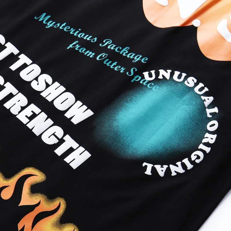 Оверсайз Футболка Мужская Хип-Хоп Уличная граффити Огонь Пламя Печать Harajuku