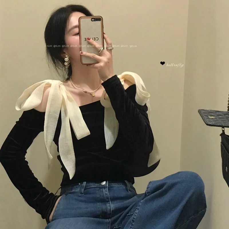 

Women Velvet Shirt Off-shoulder Long Sleeve Baseshirt Spring Autumn New Style Fashion Balck T-shirt Sexy Low-cut Blouse Shirt