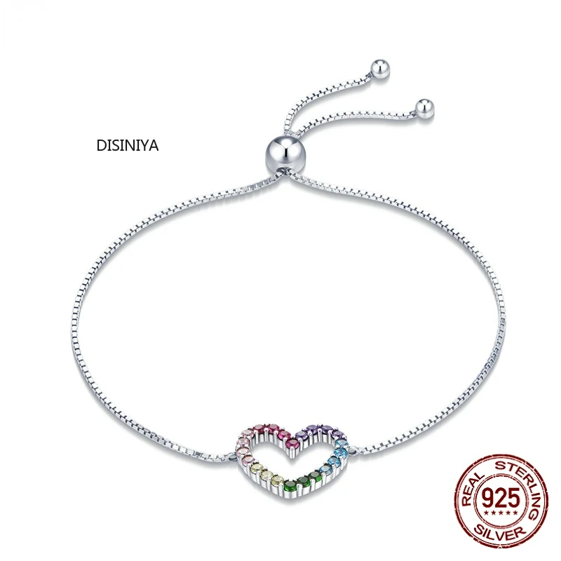 

925 Sterling Silver Rainbow Colorful Heart Pattern Love Zircon Adjustable Bracelet Chain for Women Fine Jewelry SCB216