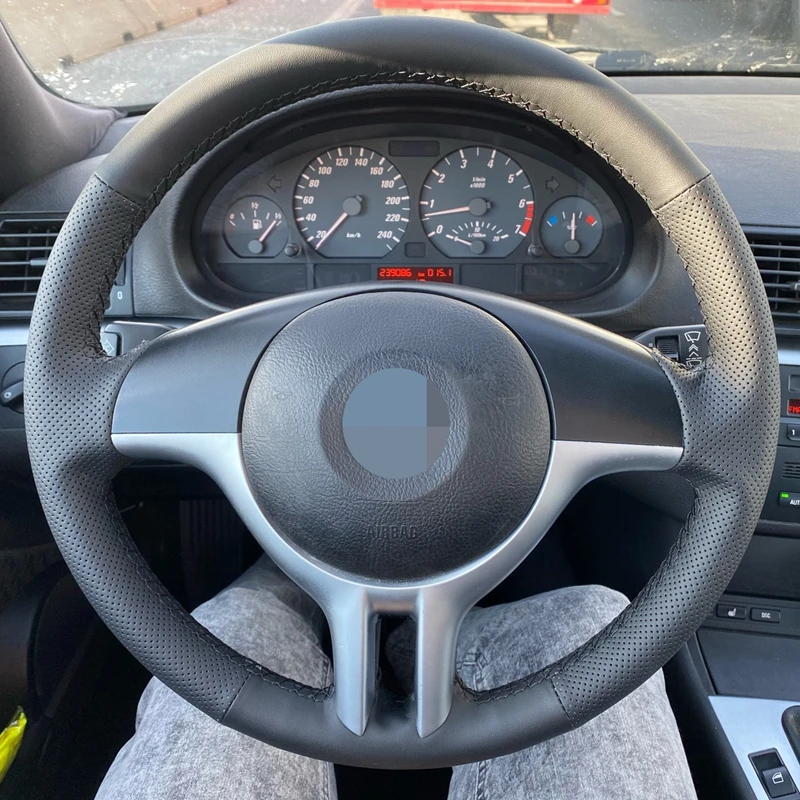 

Hand-Stitched Non-Slip Black Genuine Leather Car Steering Wheel Cover For BMW E46 325i X5 E53 E39