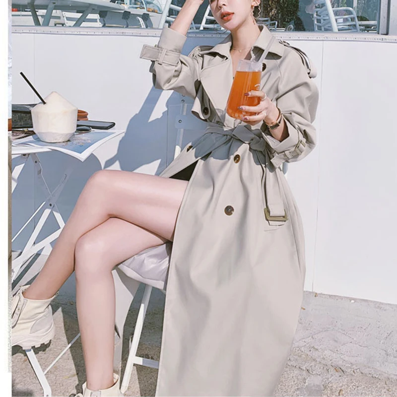 

Плащ женский двубортный, длинный, с поясом, весна-осень