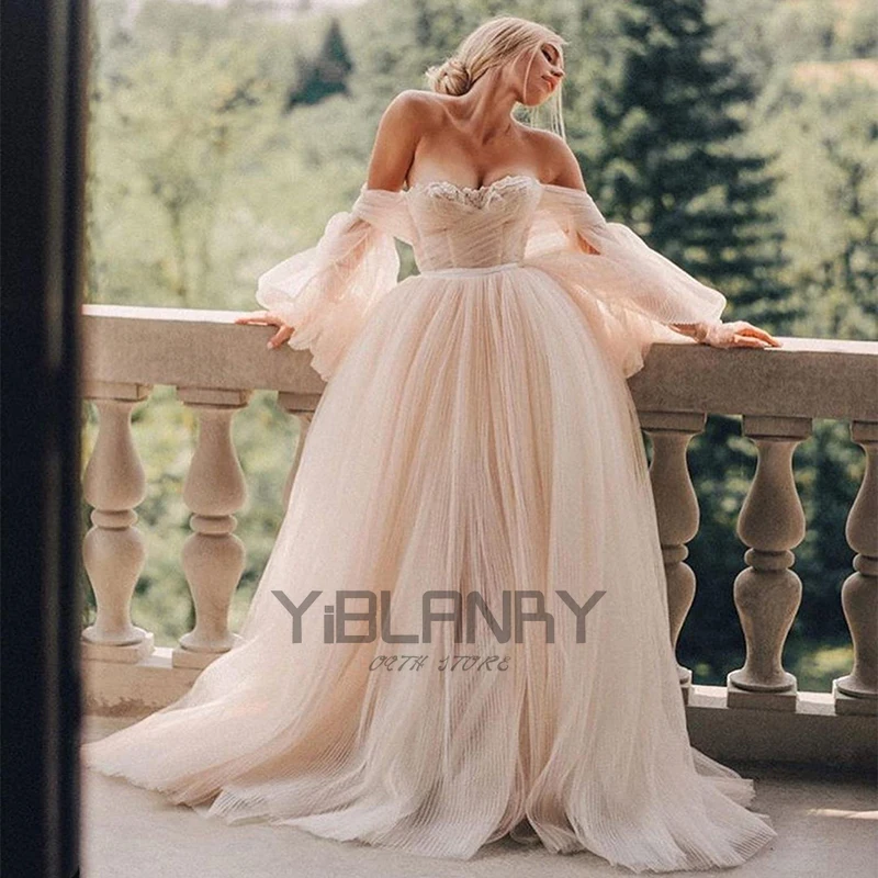 

YILIBERE Lace Wedding Dress Short Sleeve O-Neck Plus Size Luxury Lace Appliques Tulle Cathedral Train Robe Fluffy skirt