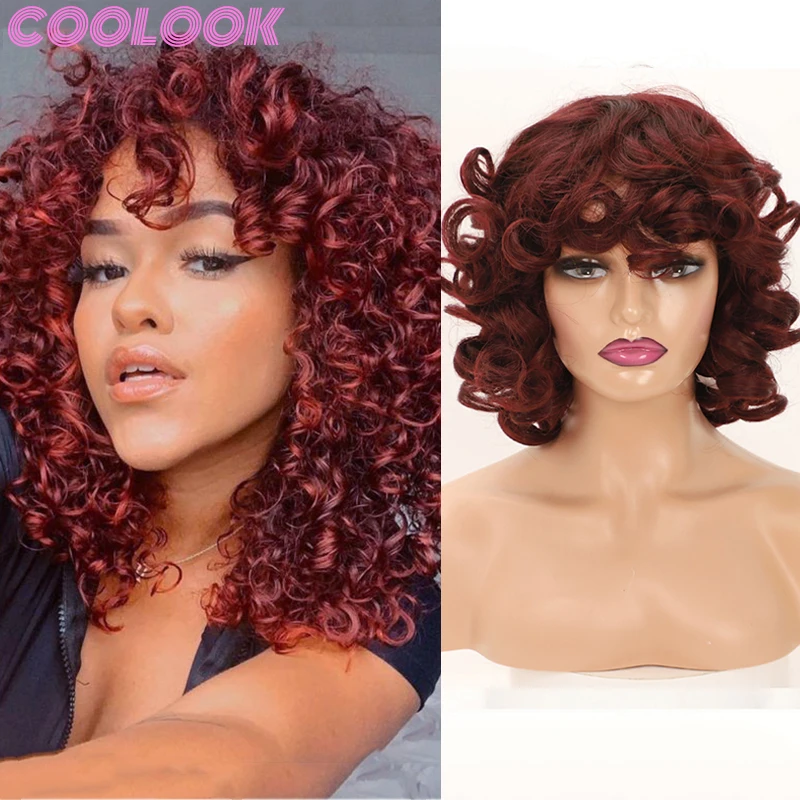 

Wine Red Afro Kinky Curly Wig 99j 14inch Short Bob Wigs for Black Women Synthetic Ombre Golden Curls Hair Wig with Bangs Cosplay