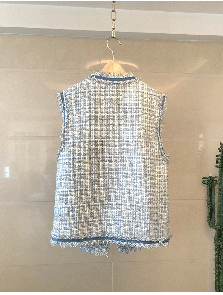 Женская твидовая куртка без рукавов подиумная однобортная с круглым вырезом и