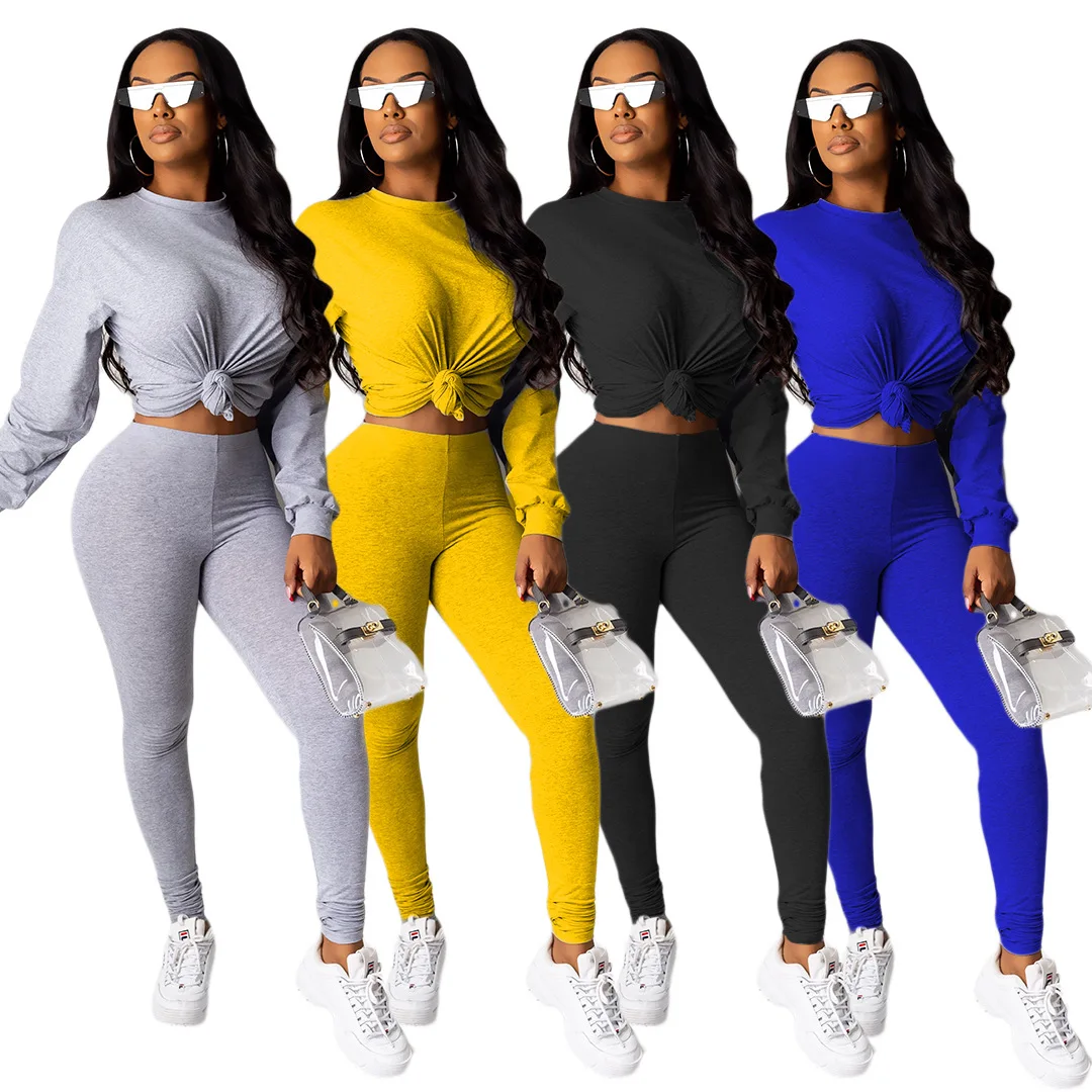 Casual Women Two Pieces Jogging Femme Long Sleeve Sportwear Tracksuit Women O-neck Crop Top+ Long Pants Suit Autumn
