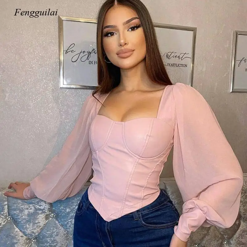 

Women's Mesh and Pu Leather Patchwork Cropped Top T-Shirt Lantern Sleeve Slim Corset Top Square Collar Gothic Retro T-Shirt