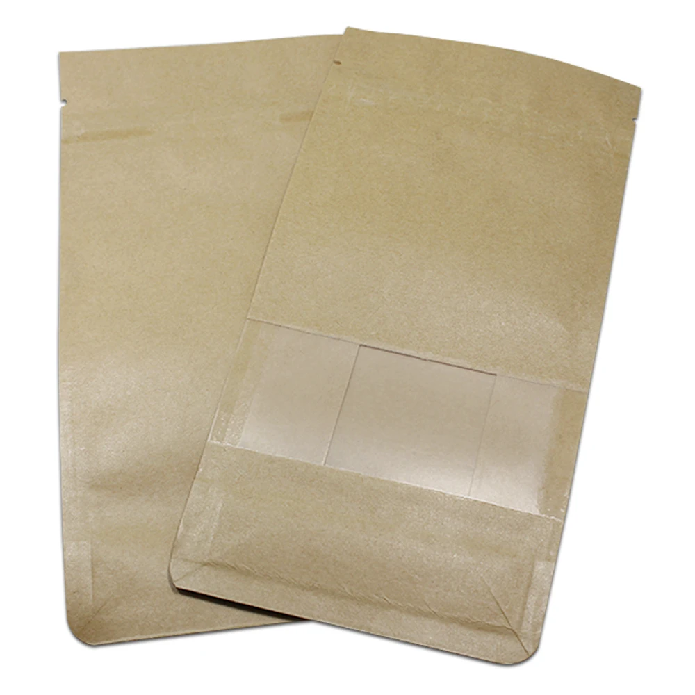 

100Pcs Brown Kraft Paper Food Packaging Zipper Bag Side Gusset Stand Up Zip Lock Window Pouch Coffee Tea Dried Flower 2 Style