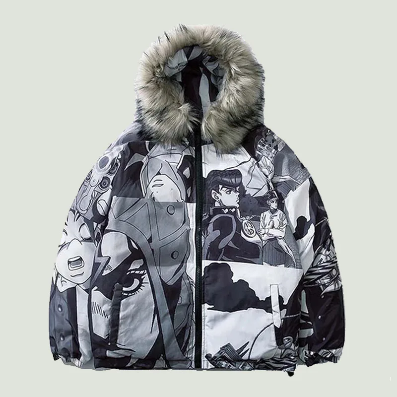 

Streetwear Thick Cotton Hooded Parkas Mens Japanese-style Harajuku Graffiti Anime Printed Jackets Casual Oversized Coats Couples