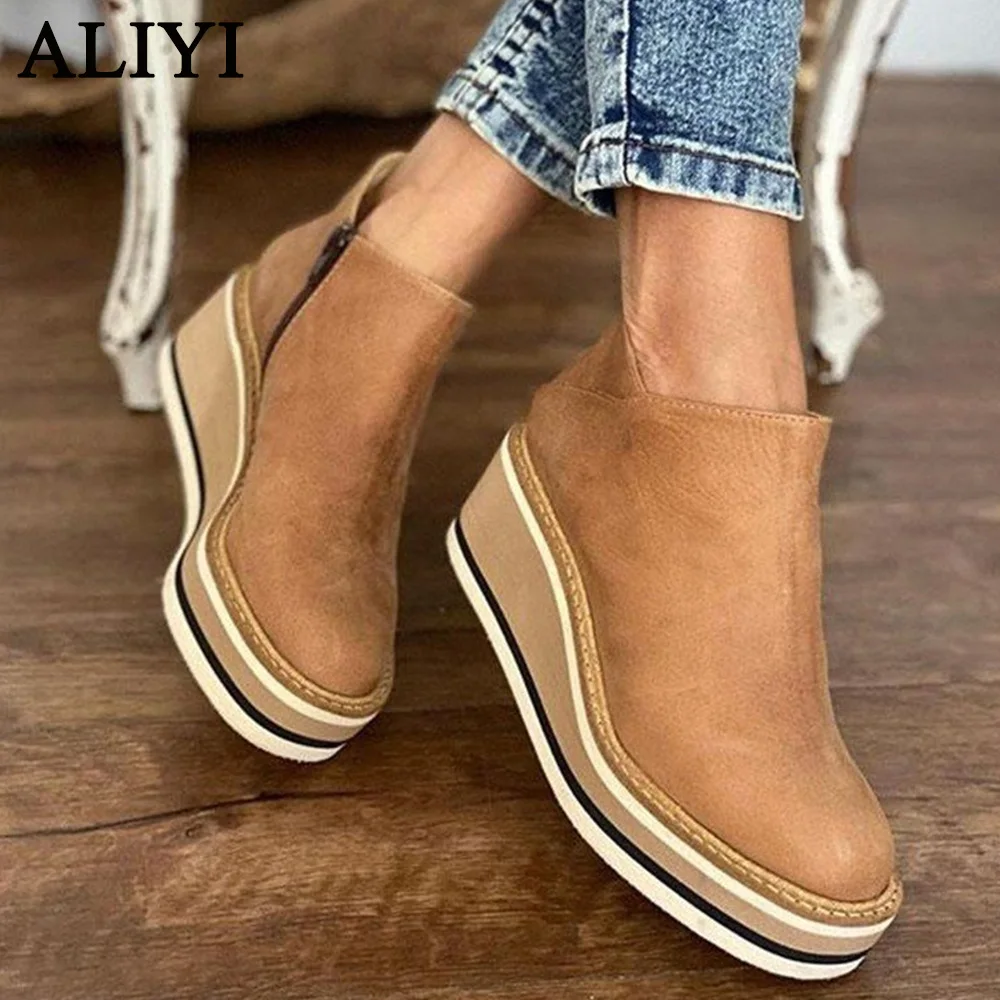 

Women's Ankle Boots 2022 Spring Soft Faux Leather Ladies Comfy High Top Platform Shoes Side Zipper Dress Office Party Shoes