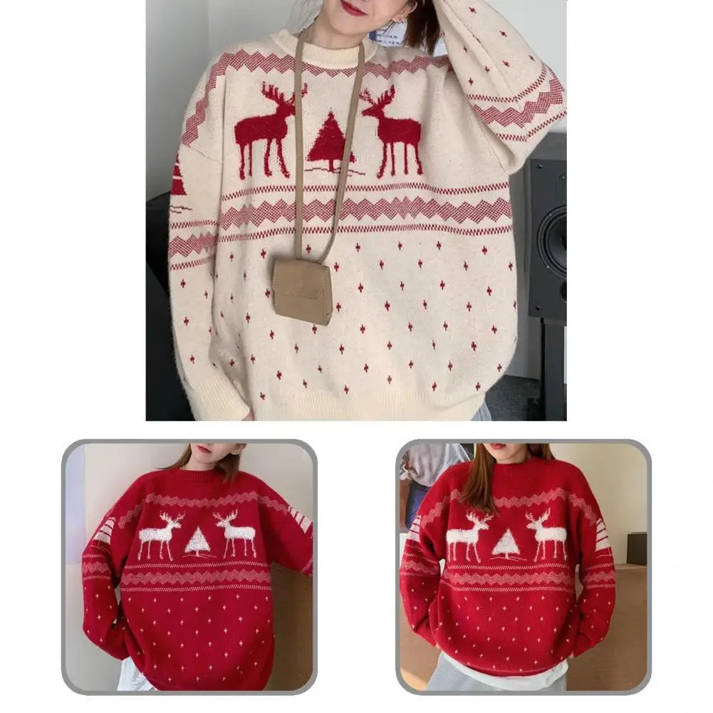 

Knitted Sweater Round Neck Fashionable Keep Warm Elk Print Festive Christmas Sweater Top Pullover Sweater for Party