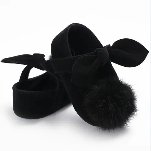 

Lovely Princess Toddler Baby Girls Boys Shoes Cribs Shoes Solid Bow With Fur Balls Bowknot 0-18M First Walkers