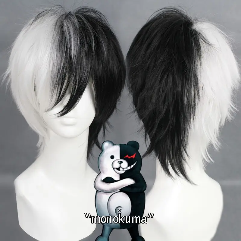 

Game Danganronpa Black and White Bear Wig Cos monokuma synthetic short fluffy hair Cosplay Wig + Wig Cap