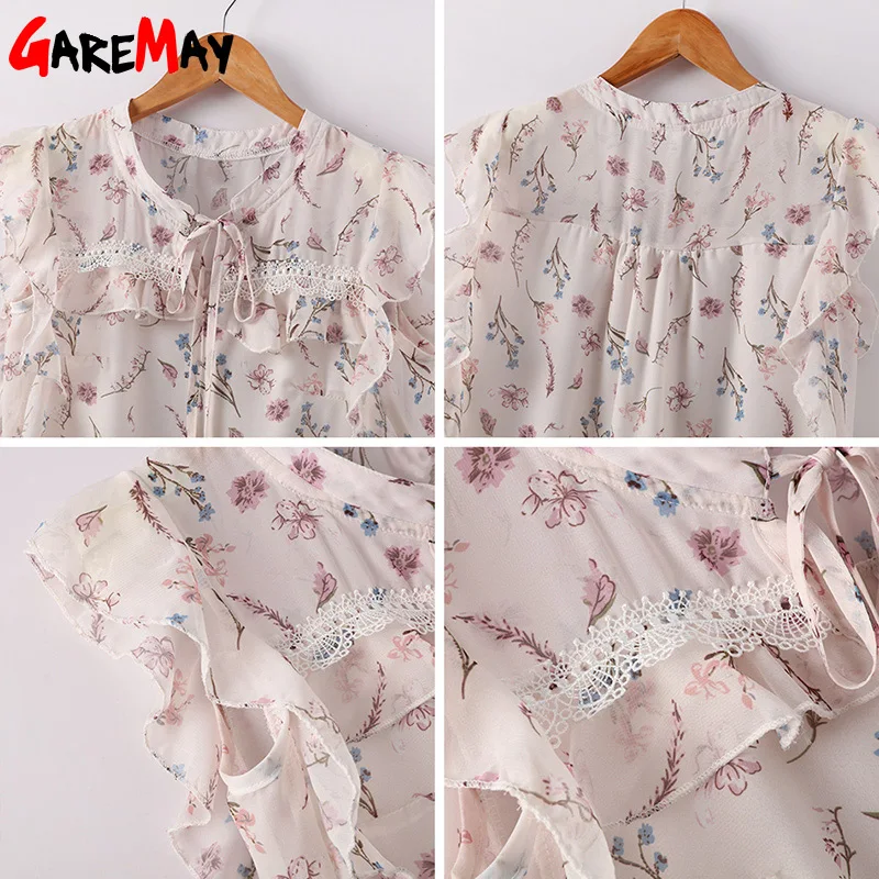 Блузка женская с оборками шифоновая Свободная рубашка без рукавов цветочным