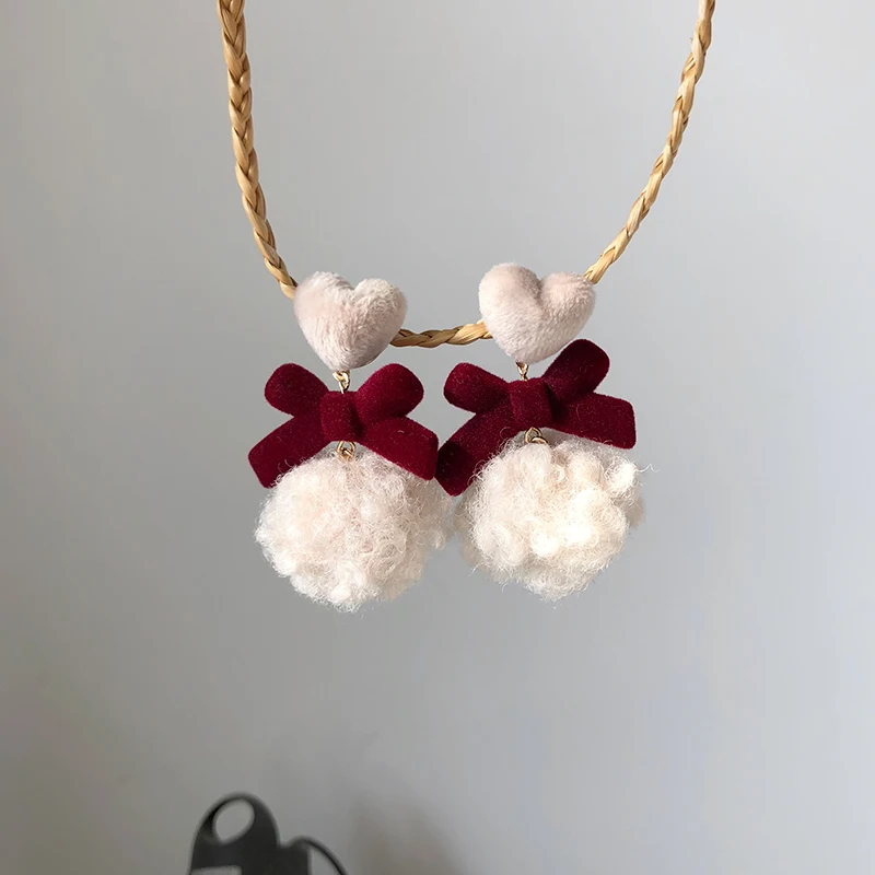 

Mihan S925 needle Sweet Jewelry Flocking Earrings Pretty Design Heart Red Bowknot Fluffy Ball Drop Earrings For Girl Lady Gifts