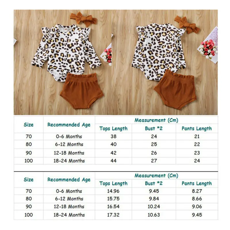 

3Pcs Newborn Baby Girls Leopard Outfit Clothes Long Sleeve Ruffles Leopard Tops Romper Shorts Pants Baby Girl Party Spring Set