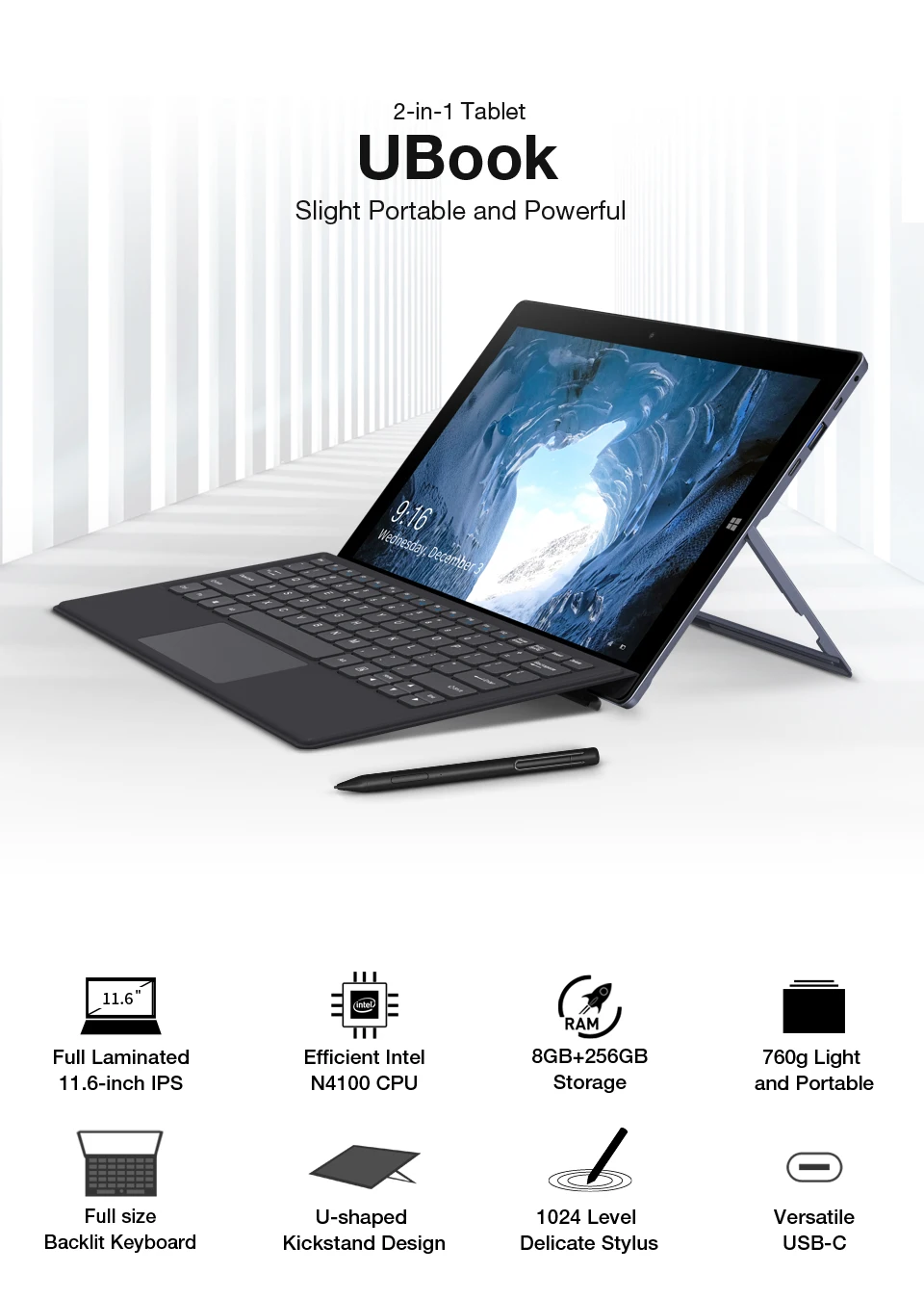 CHUWI UBook 11,6 дюймов Intel N4100 Windows 10 планшетный ПК 1920*1280 двухъядерный процессор 8 Гб ram 256 ГБ SSD планшеты