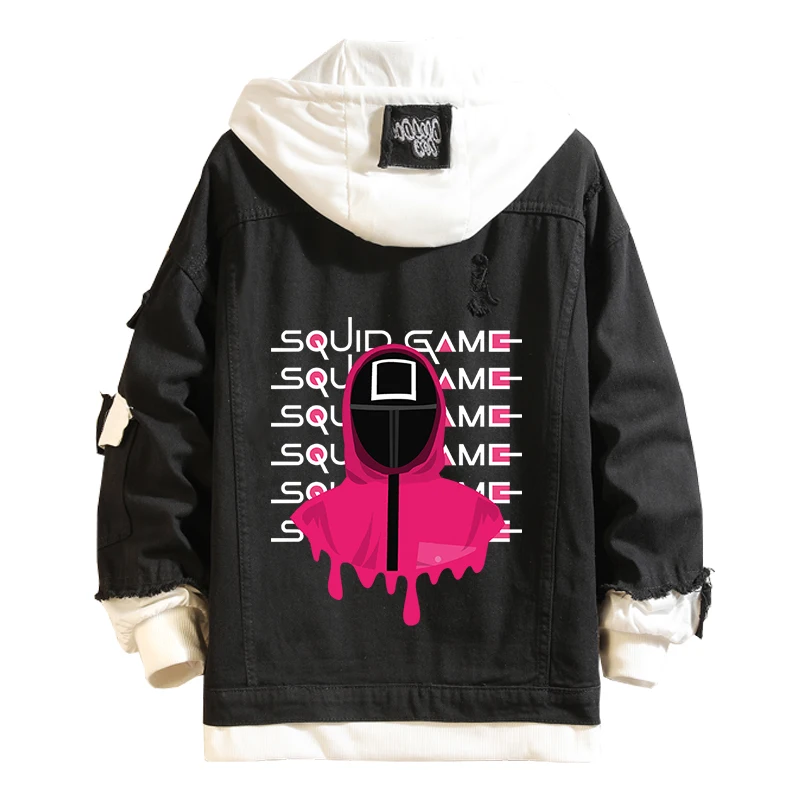 

Крутая джинсовая куртка из игры кальмар, толстовка, джинсовые пальто для косплея с круглым вырезом, куртки с капюшоном № 456, черная Повседне...