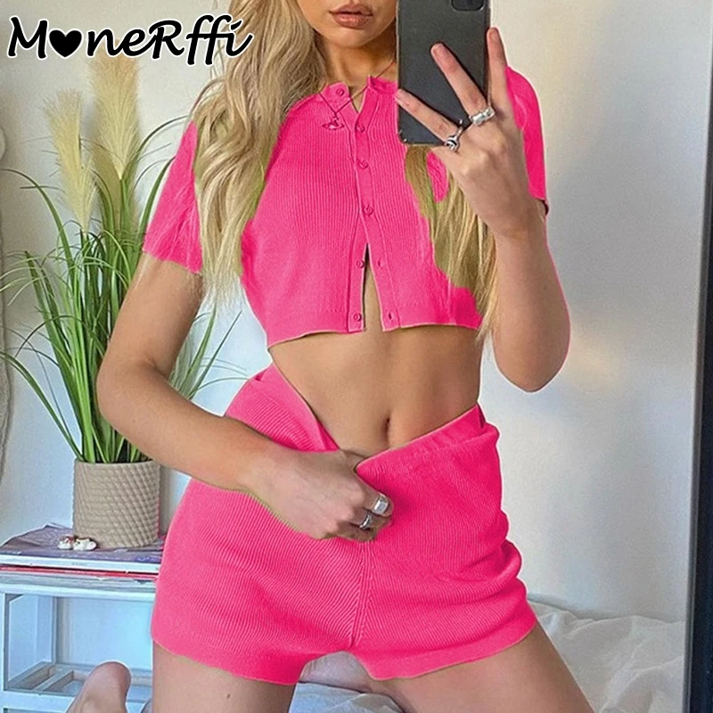 

MoneRffi 2021 Summer 2 Piece Sets Womens Outfits Button Down Crop Top And Shorts Matching Set Y2K Green Outfits Girl Lounge Wear