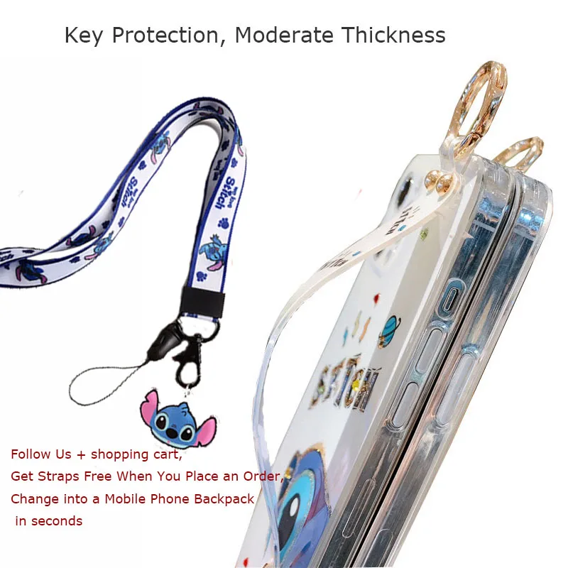 

Disney Stitch Mickey Mouse Donald Duck Wrist Band Case for Iphone 11 12 Pro Max X XS XR 7P Anti-fall Glinter Phone Cover Shell