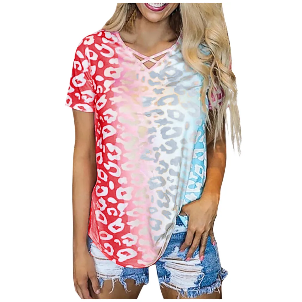 Womail 2020 Summer Women's t-shirt Fashion Tie-Dye Leopard T Shirts Harajuku Casual Cross V-Neck Gradient Short Sleeve Tee Tops | Женская