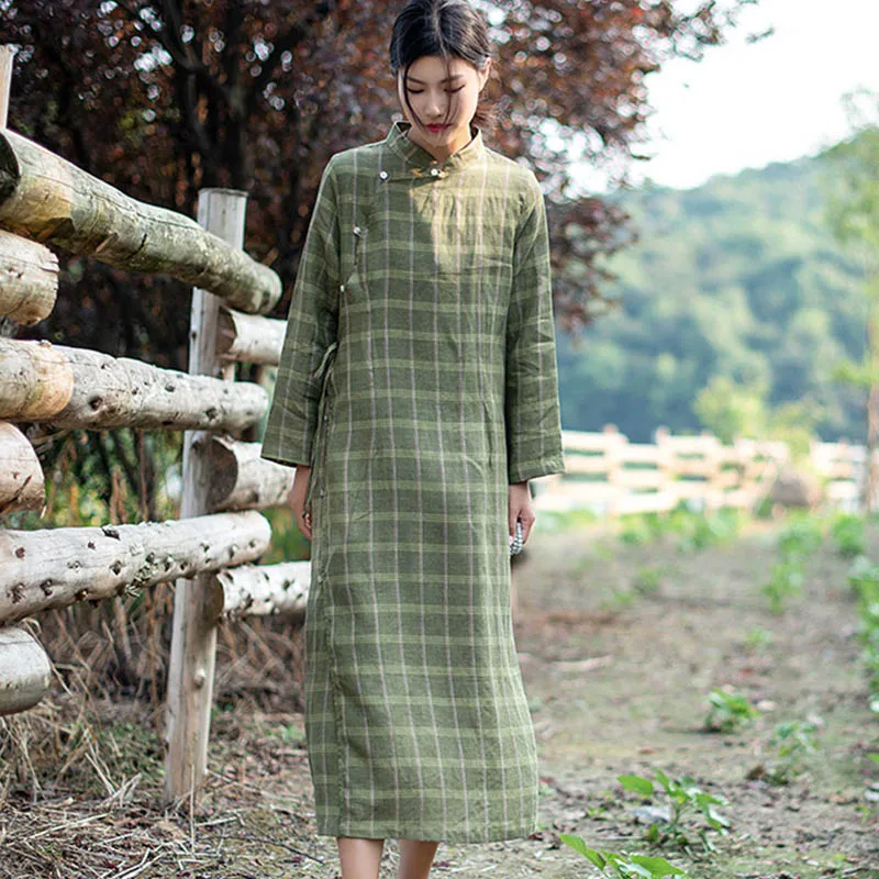 Green Plaid SCUWLINEN Новое Осеннее женское платье классическое клетчатое длинное льняное платье со шнуровкой и стоячим воротником свободное винтажное платье Vestidos S972 - Цвет: Green Plaid