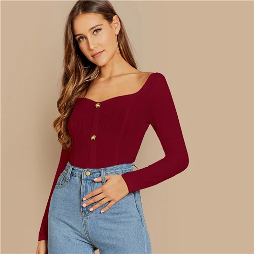 SHEIN Облегающий Топ С Длинным Рукавом И Глубоким Вырезом Трикотажная Блузка В Рубчик - Цвет: Бургундия