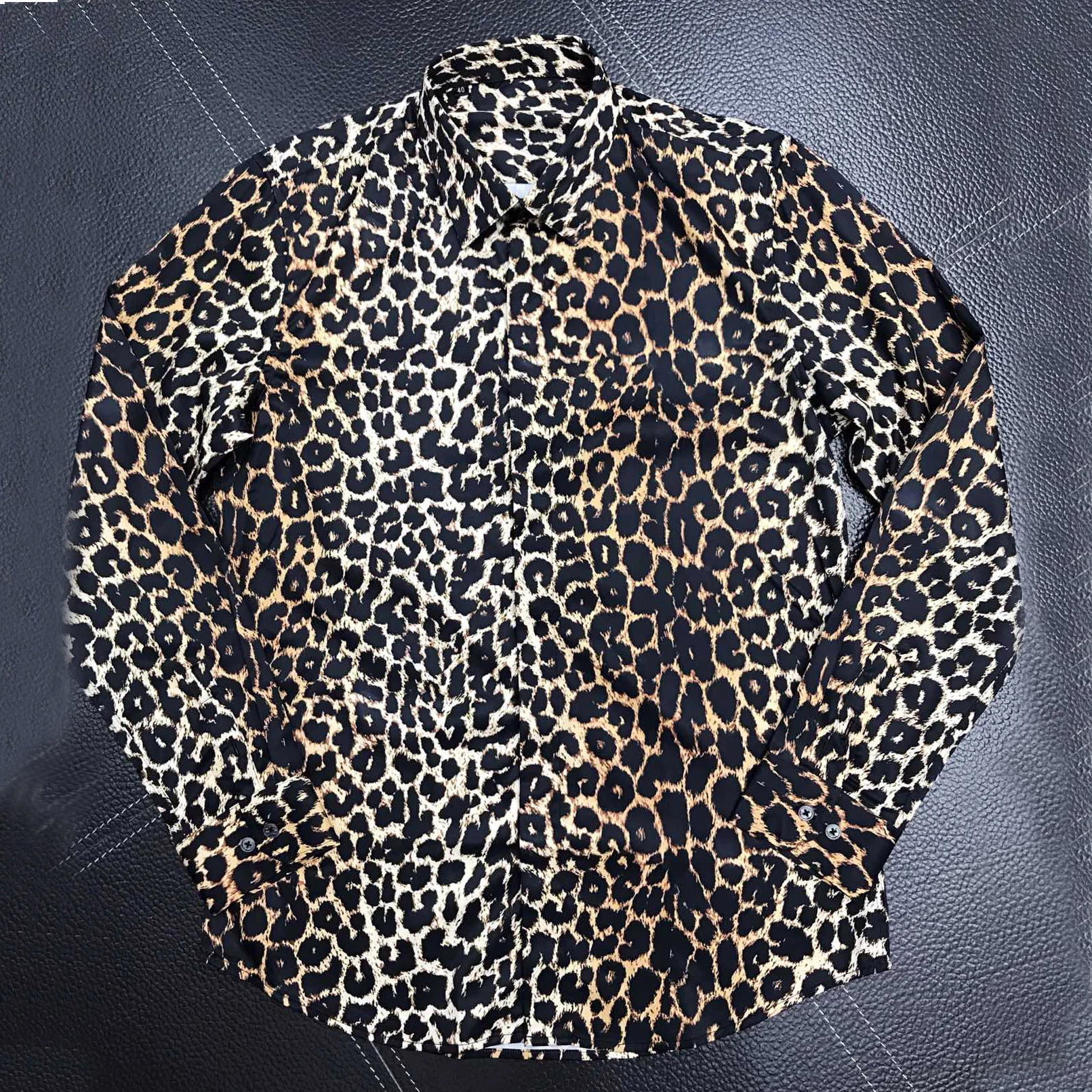 

Брендовая рубашка с леопардовым принтом, Мужская шелковая рубашка высокого качества, мужская повседневная приталенная рубашка с длинным р...