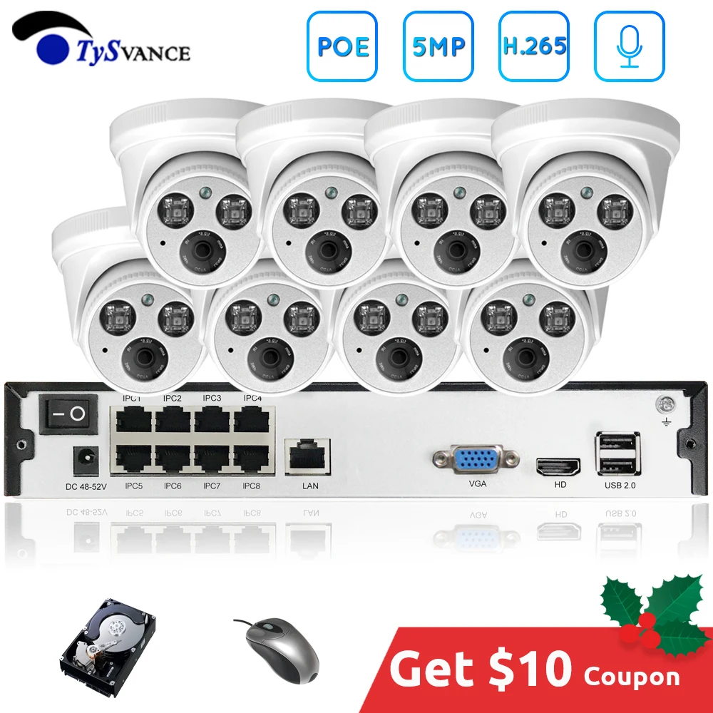 TySvance 8ch 5MP с аудиовходом PoE Комплект H.265 система CCTV безопасность NVR до 16ch 5MP Крытый ИК ip-камера наблюдения видео DIY
