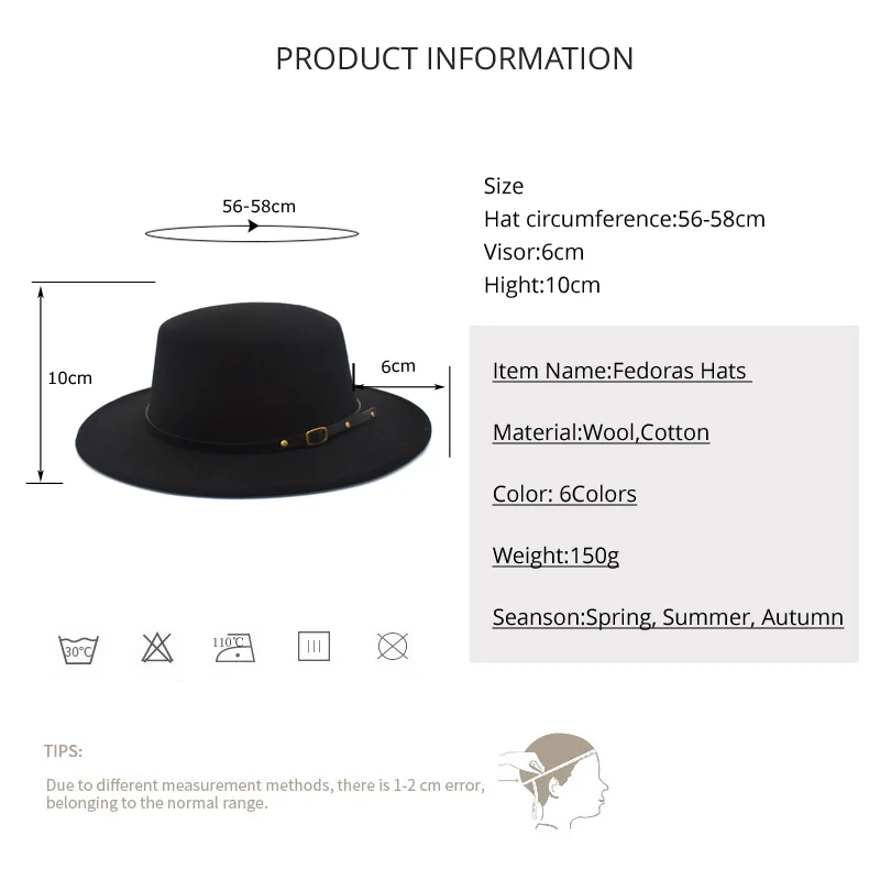 New Classic Solid Color Fedora Hat Women Wool Flat Top Bowler Hat Man Wide Brim Jazz Cap Elegant Lady Church Hats P21