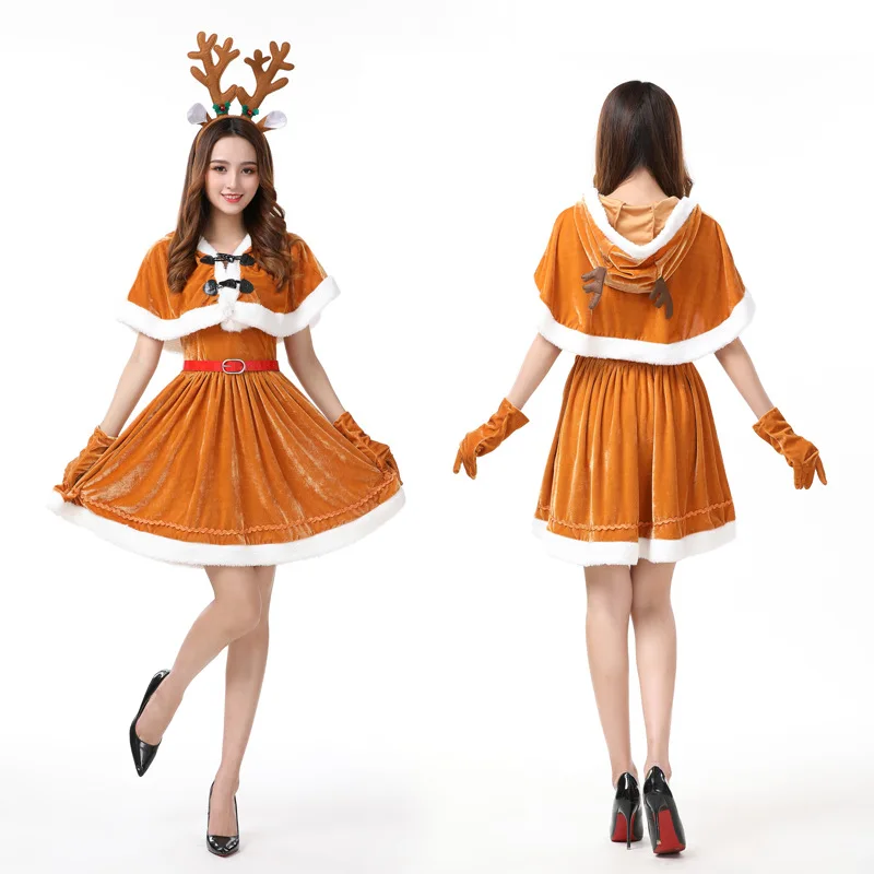 

Woman Festival Christmas Elk Deer New Year Brown Dress Girls Halloween Cosplay Costume Princess Party Role Play Make Up Outfit