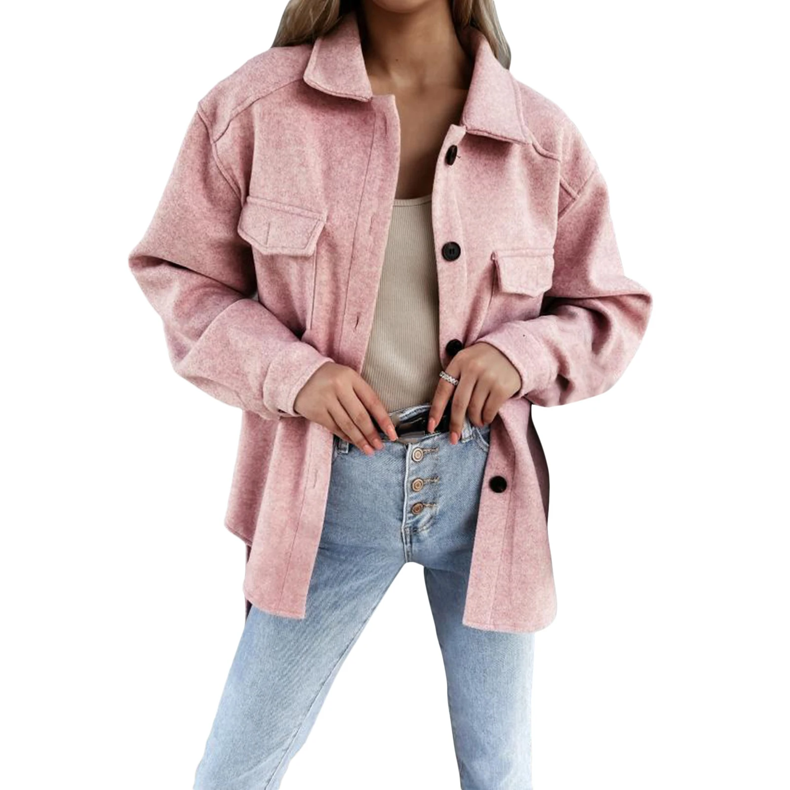 

Women's Loose Belted Jacket, Long Sleeve Button Down Solid Color Trench Coat with Pockets