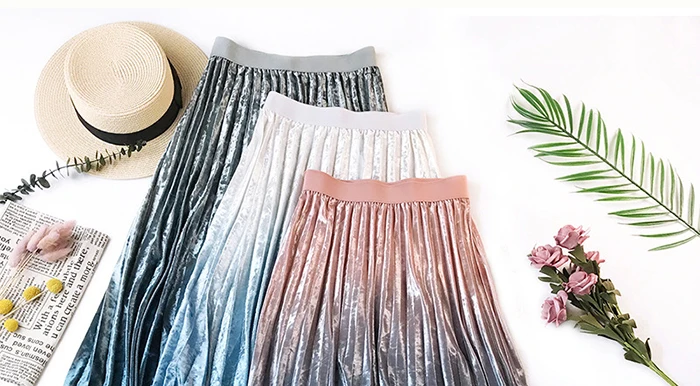 SURMIITRO Warm Velvet Midi Skirt Women Autumn Winter Korean Pink Gradient Ladies High Waist Pleated Long Skirt Female
