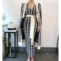 korean winter houndstooth sweater 2 piece set women thick warm pocket long knitted plaid coat sashes vest dress female outfits