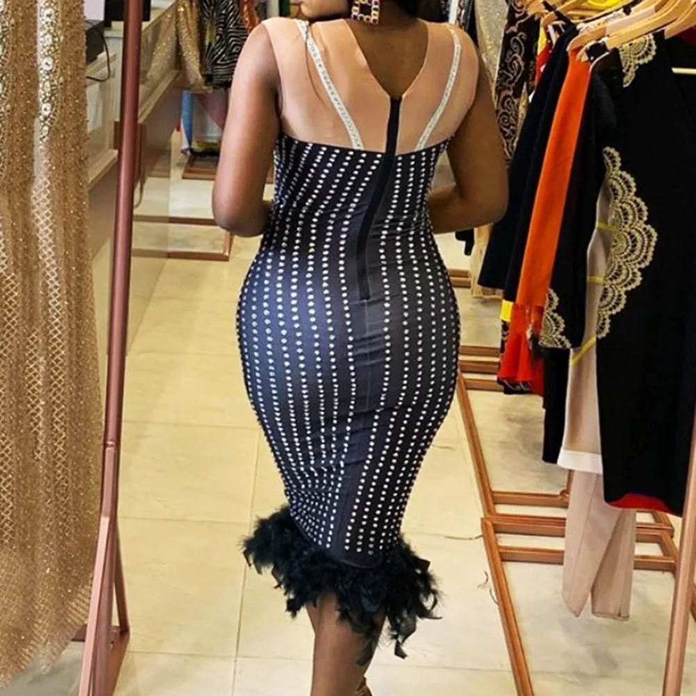 Женское вечернее платье до середины икры со стразами с коротким рукавом перьями