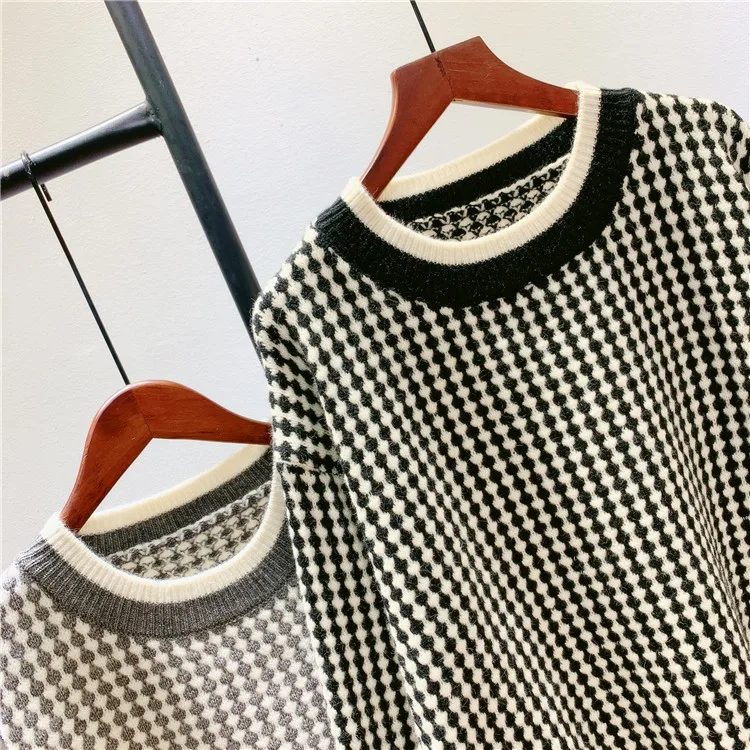 Новинка 2020 женский осенний свитер с круглым вырезом теплый в клетку длинным