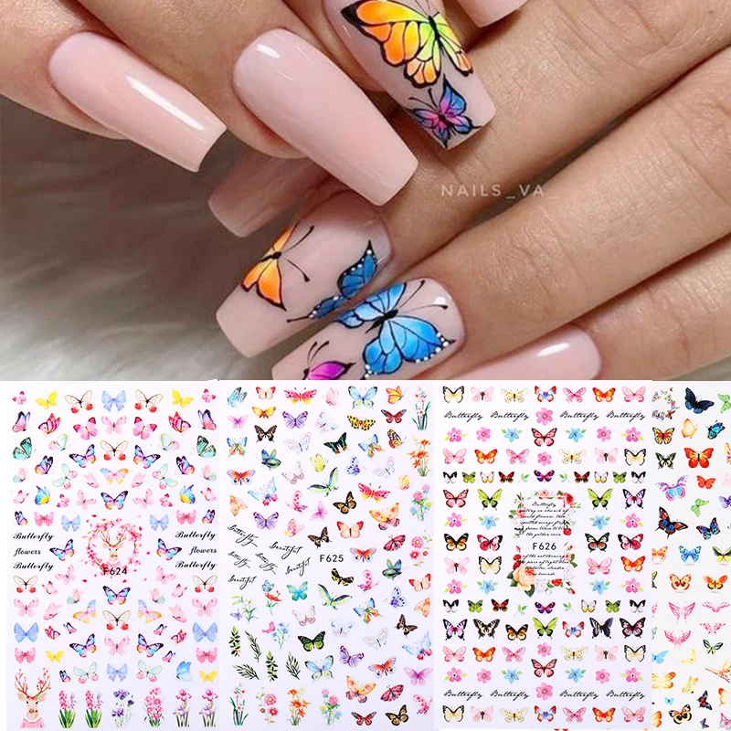 Наклейки для дизайна ногтей 3D Butterfly клейкие слайдеры цветные синие цветы