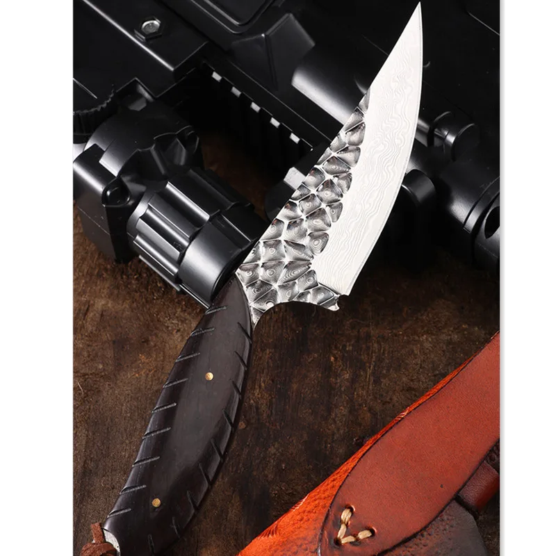 

Damascus Steel Blade Ebony Hand Forged Ebony Handle High Hardness EDC Collection Hunting Tactics Camping Outdoor Straight Knife