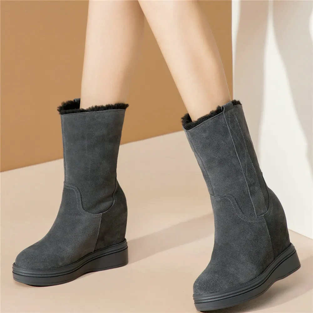 High Top Creepers Women Genuine Leather Wedges High Heel Snow Boots Female Slip On Winter Warm Platform Pumps Shoes Casual Shoes