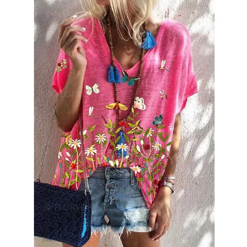 

Women's New Blouse Summer Hedging Print Short Sleeved Loose V Neck T Shirt Casual Fashion Plus Size Clothing