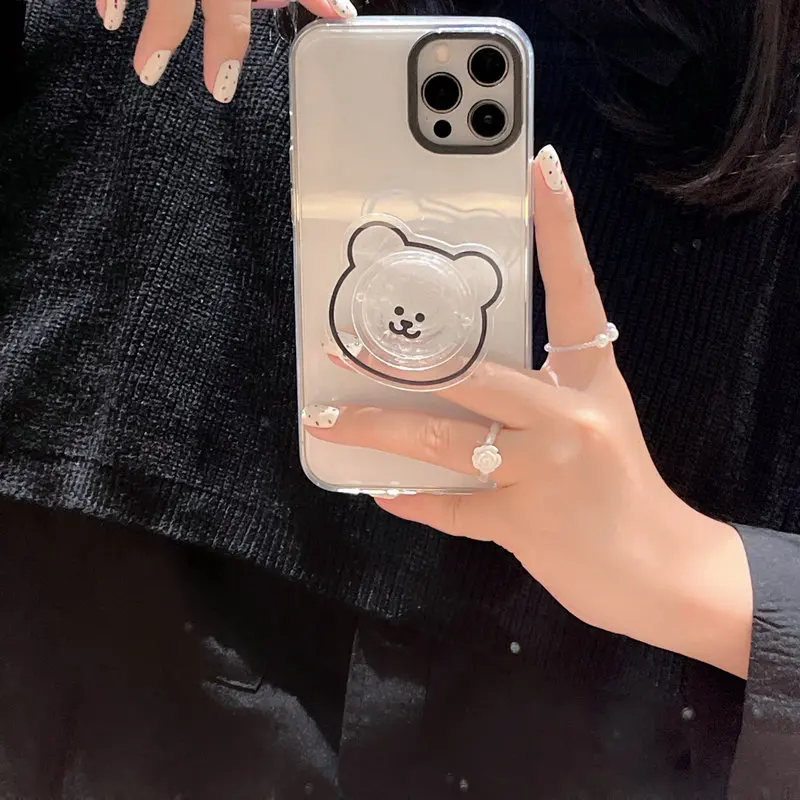 

Korea Cute Kawaii Cartoon Bear Stand Holder Transparent Phone Case For iPhone 12 11 Pro XS Max X XR 7 8 Plus SE Soft Back Cover